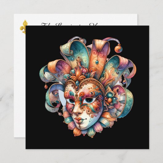 Uitnodiging Mardi Gras Masquerade Party (Voorkant / Achterkant)