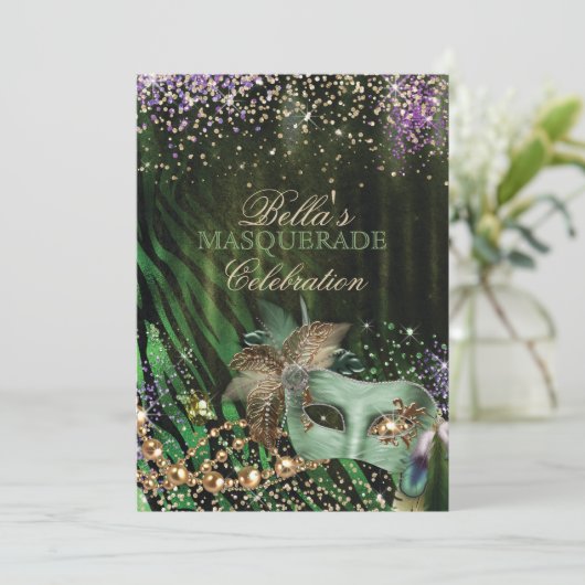 Uitnodiging Mardi Gras Masquerade Party (Staand voorkant)
