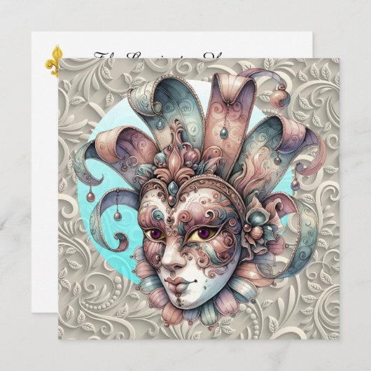 Uitnodiging Mardi Gras Masquerade Party (Voorkant / Achterkant)