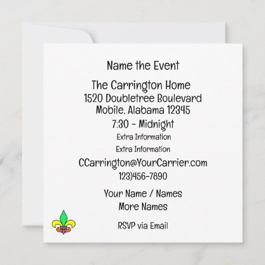 Uitnodiging Mardi Gras Masquerade Party (Achterkant)