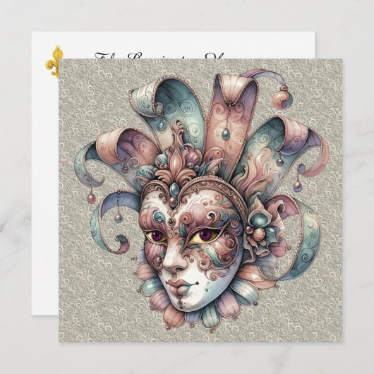 Uitnodiging Mardi Gras Masquerade Party (Voorkant / Achterkant)