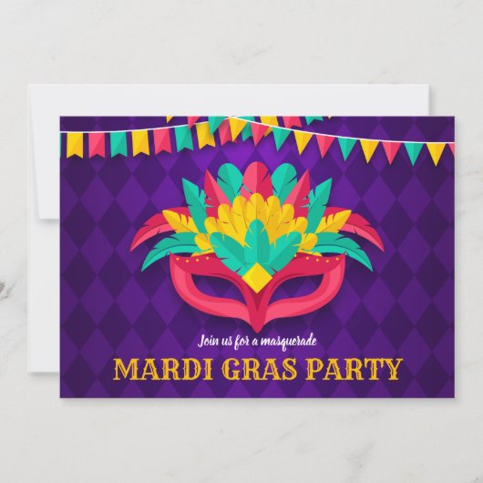 Uitnodiging Mardi Gras Masquerade Party (Voorkant)