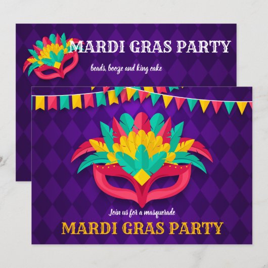 Uitnodiging Mardi Gras Masquerade Party (Voorkant / Achterkant)