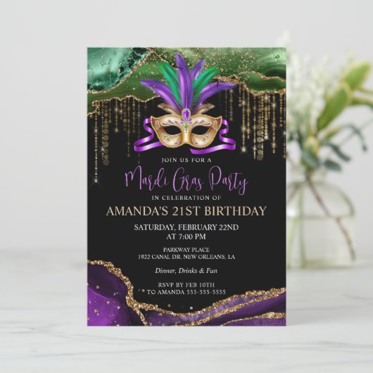 Uitnodiging Mardi Gras Masquerade Party (Staand voorkant)