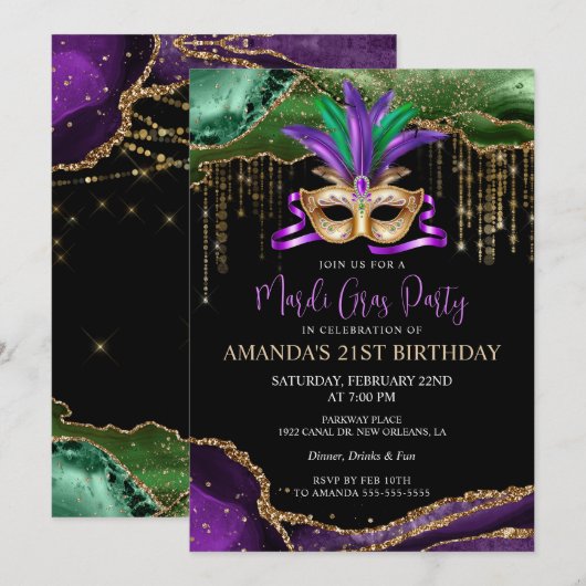 Uitnodiging Mardi Gras Masquerade Party (Voorkant / Achterkant)