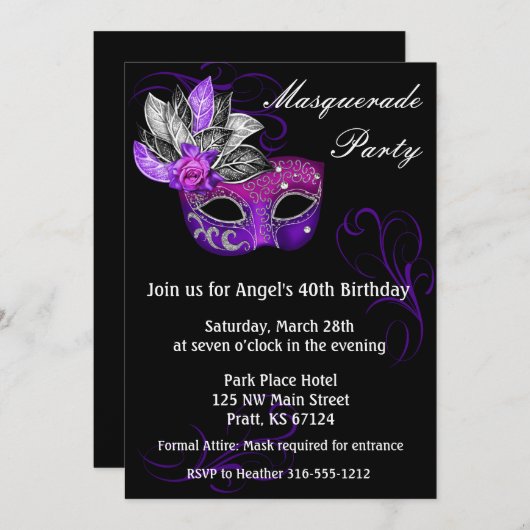 Uitnodiging Masquerade Party (Voorkant / Achterkant)