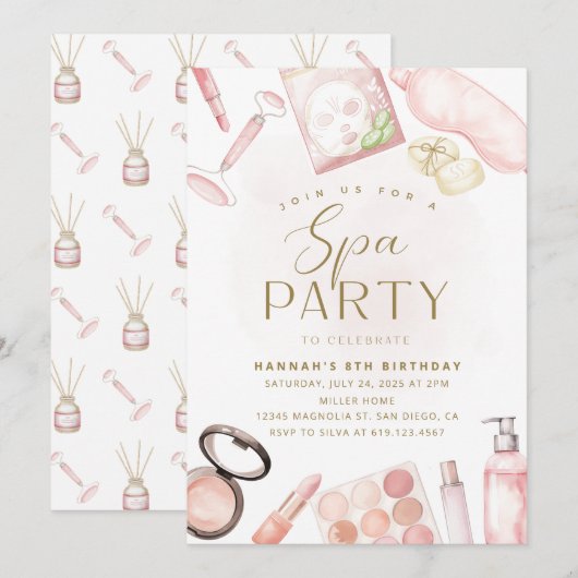Uitnodiging Meisjes Spa Feestje • Waterverf (Voorkant / Achterkant)