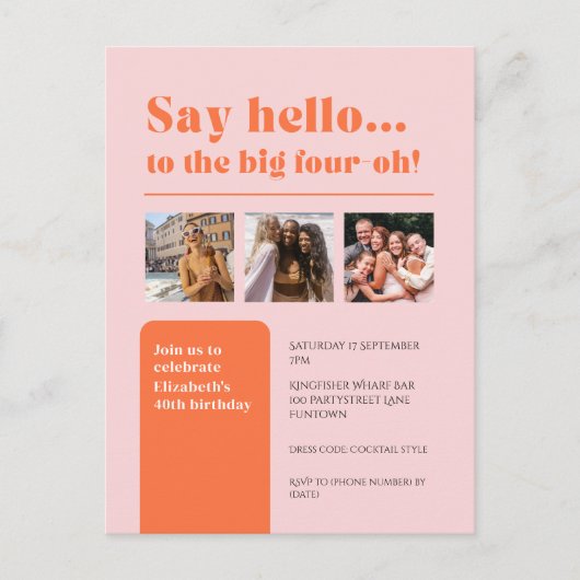 Uitnodiging met 3 foto's, 40e verjaardag retro (Voorkant)