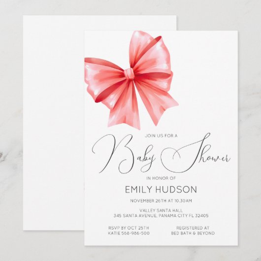 Uitnodiging met bewerkbare rode strik Coquette (Voorkant / Achterkant)