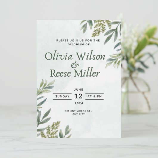 uitnodiging met bladeren en elegante groene plante (Staand voorkant)