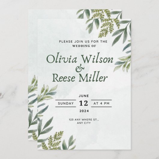 uitnodiging met bladeren en elegante groene plante (Voorkant / Achterkant)