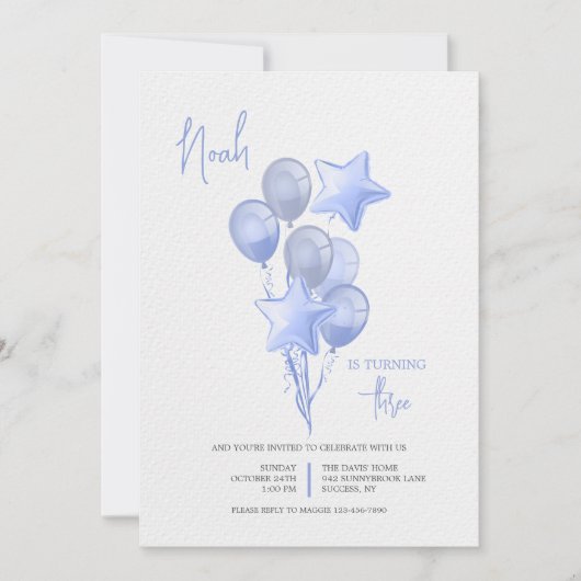 Uitnodiging met blauwe ballonnen (Voorkant)