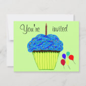 Uitnodiging met blauwe Cupcake-ballon voor de eers (Voorkant)