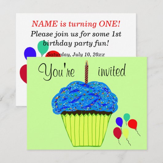 Uitnodiging met blauwe Cupcake-ballon voor de eers (Voorkant / Achterkant)