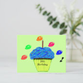 Uitnodiging met blauwe cupcake snoepjes voor 16e v (Staand voorkant)