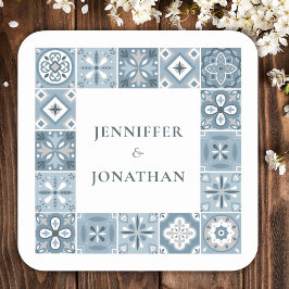 Uitnodiging met blauwe en grijze Spaanse tegels Vierkante Sticker