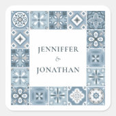 Uitnodiging met blauwe en grijze Spaanse tegels Vierkante Sticker (Voorkant)