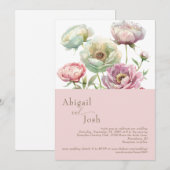 Uitnodiging met blozende bloemen pioenrozen (Voorkant / Achterkant)