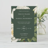 Uitnodiging met botanisch patroon van witte rozen (Staand voorkant)