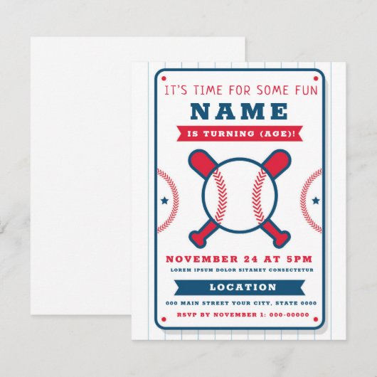 Uitnodiging met een sporthaven van de dag: honkbal (Voorkant / Achterkant)