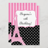 Uitnodiging met Eiffeltoren en Franse stippen roze (Voorkant / Achterkant)