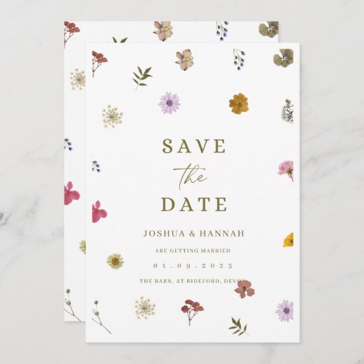 Uitnodiging met geperste bloem om de datum te bewa (Voorkant / Achterkant)