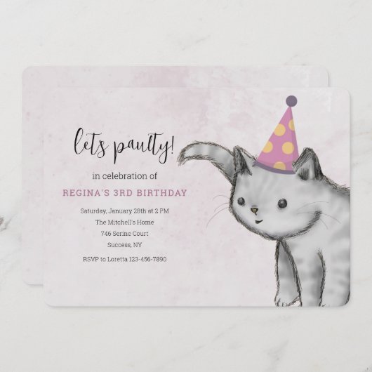Uitnodiging met katje en feesthoed (Voorkant / Achterkant)