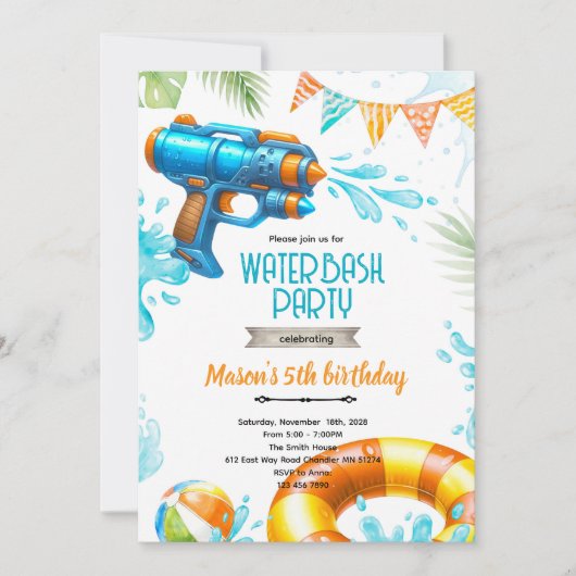 Uitnodiging met leuk thema waterpistool (Voorkant)