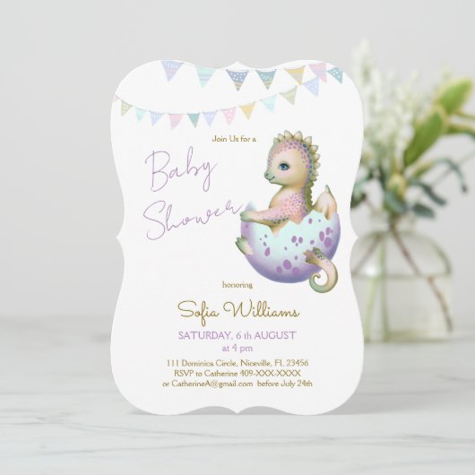 Uitnodiging met leuke draak voor babyshower (Staand voorkant)