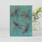 Uitnodiging met libellen in blauw en groen (Staand voorkant)