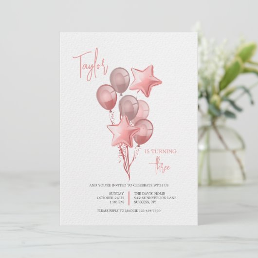 Uitnodiging met roze ballonnen (Staand voorkant)