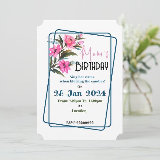 Uitnodiging met roze bloem (Staand voorkant)