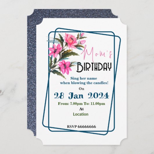 Uitnodiging met roze bloem (Voorkant / Achterkant)