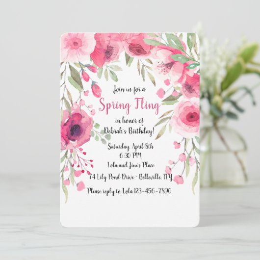 Uitnodiging met roze bloemen luifel (Staand voorkant)