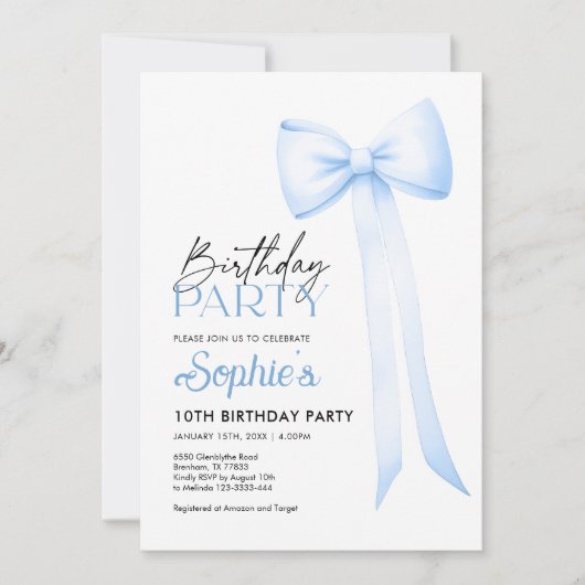 Uitnodiging met verjaardagsboog, blauwe Coquette-b (Voorkant)