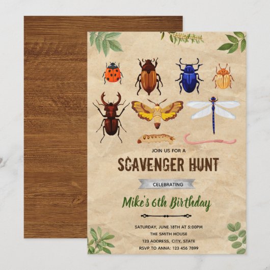 Uitnodiging met vintage insecten en vlinder (Voorkant / Achterkant)