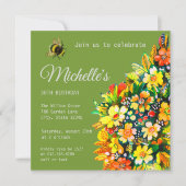 Uitnodiging met vrolijke bloemen en bijen (Voorkant)