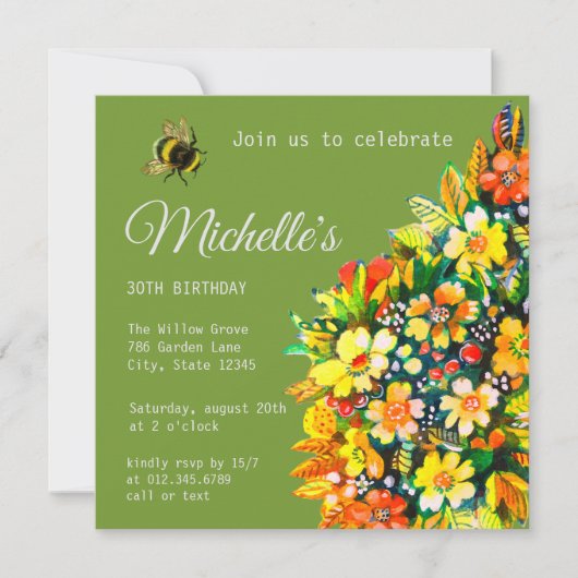 Uitnodiging met vrolijke bloemen en bijen (Voorkant)