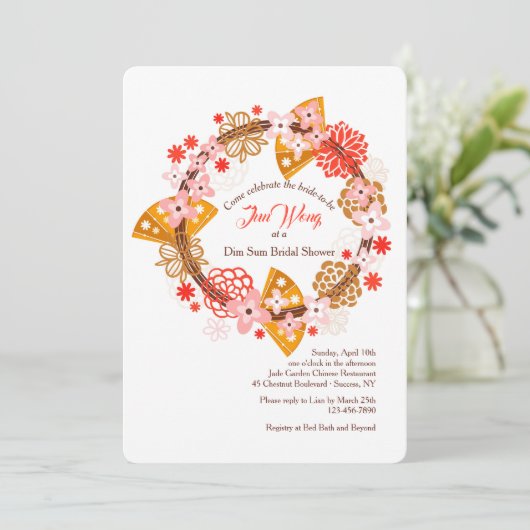 Uitnodiging met waaier en bloemen (Staand voorkant)