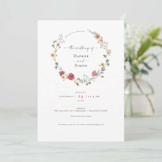 Uitnodiging met watercolor wilde bloemen schrift (Staand voorkant)