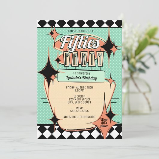 Uitnodiging Mid-Century Jaren Vijftig Feestje (Staand voorkant)