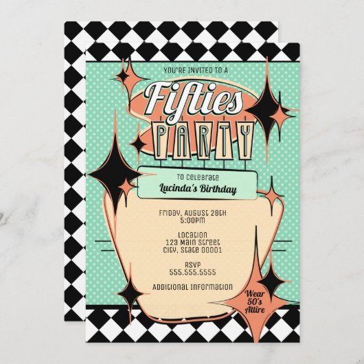 Uitnodiging Mid-Century Jaren Vijftig Feestje (Voorkant / Achterkant)