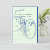 Uitnodiging Modern Script Blauw 50 Fabulous Verjaa (Staand voorkant)