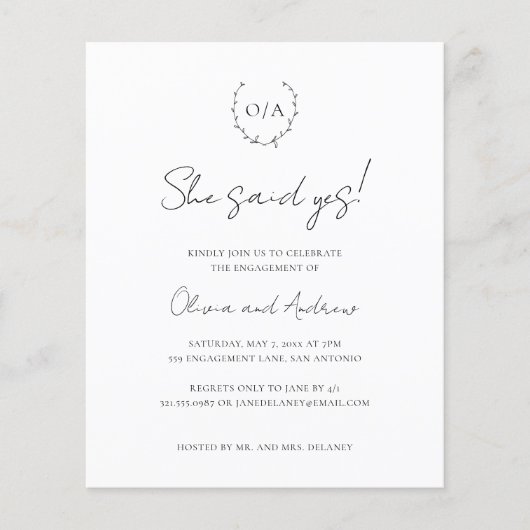 Uitnodiging Monogram WreatBudget Engagement Party (Voorkant)