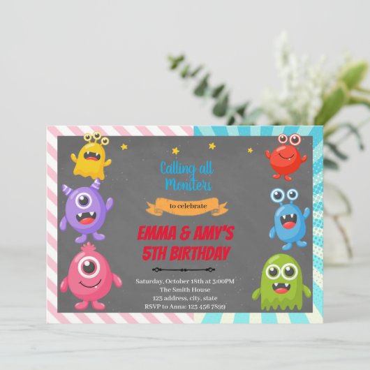 Uitnodiging monster jongen meisje gezamenlijk fees (Staand voorkant)