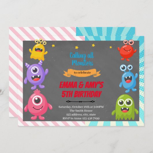 Uitnodiging monster jongen meisje gezamenlijk fees (Voorkant / Achterkant)
