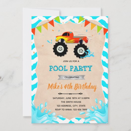 Uitnodiging monstertruck zwembadfeest (Voorkant)