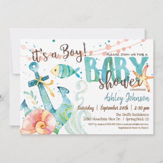 Uitnodiging nautisch anker Baby shower, Boy (Voorkant)