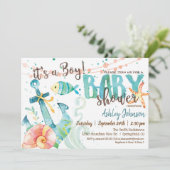 Uitnodiging nautisch anker Baby shower, Boy (Staand voorkant)
