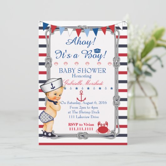 Uitnodiging nautisch Baby shower, Baby shower (Staand voorkant)